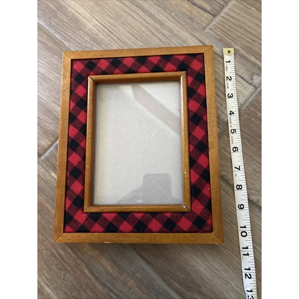 Vintage Red Plaid & Wood Fabric Rectangular Photo Frame 5